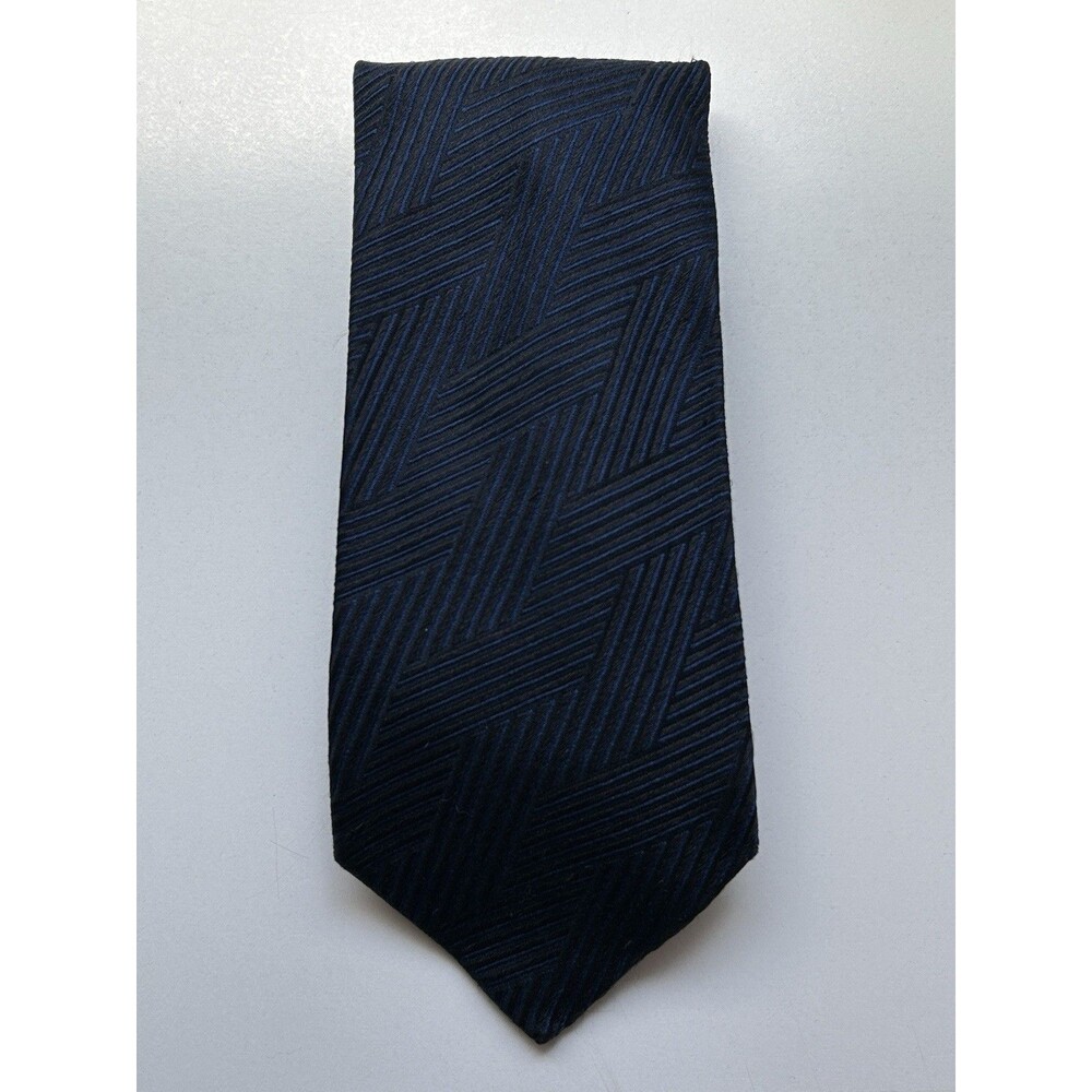 Ermenegildo Zegna Tie Mens Navy Blue Black Geometric Chevron Striped Woven Silk - Picture 2 of 6